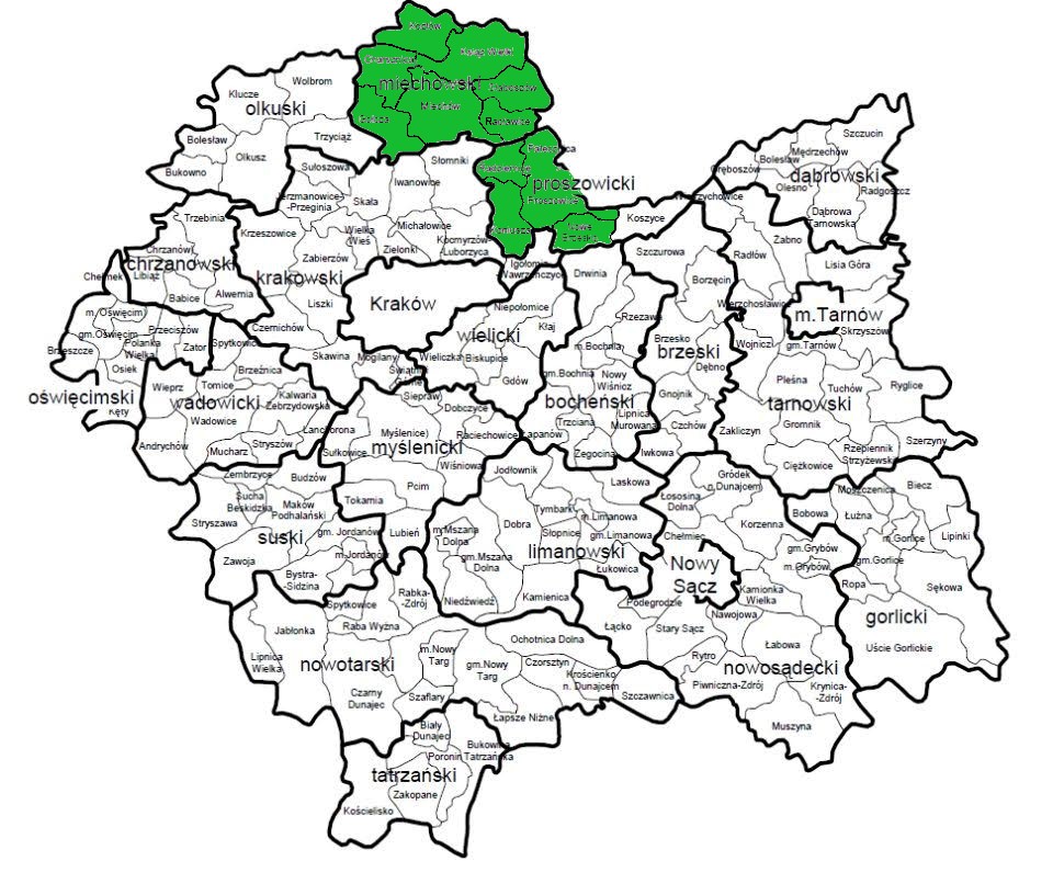 Mapa obszaru działania LGD na tle województwa małopolskiego