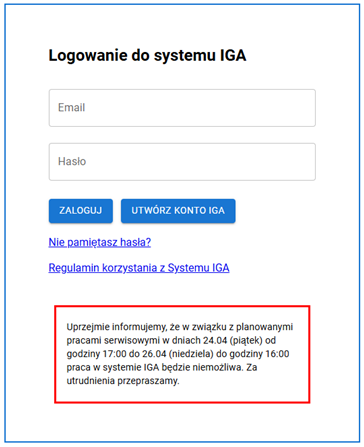 Logowanie do systemu iga - zrzut ekrany z informacją
